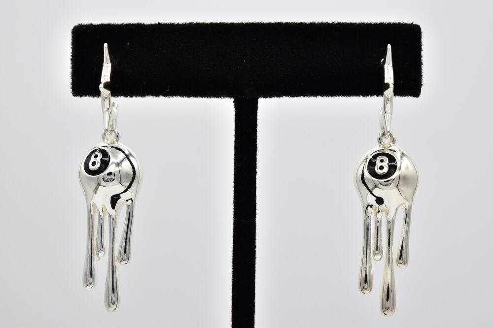 Frou York Lucky 8 Ball Liquid Drip Earrings Silver Tone Novelty Y2K Dangle BinAZ